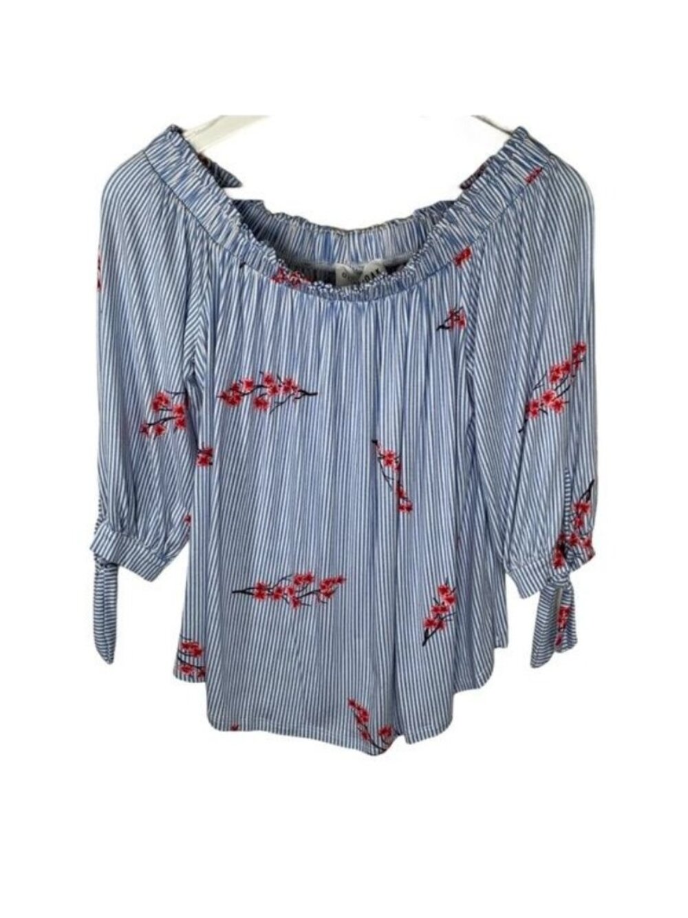 Olive + Oak Women’s XS Off Shoulder Peasant Blouse Blue White Stripe Floral Boho